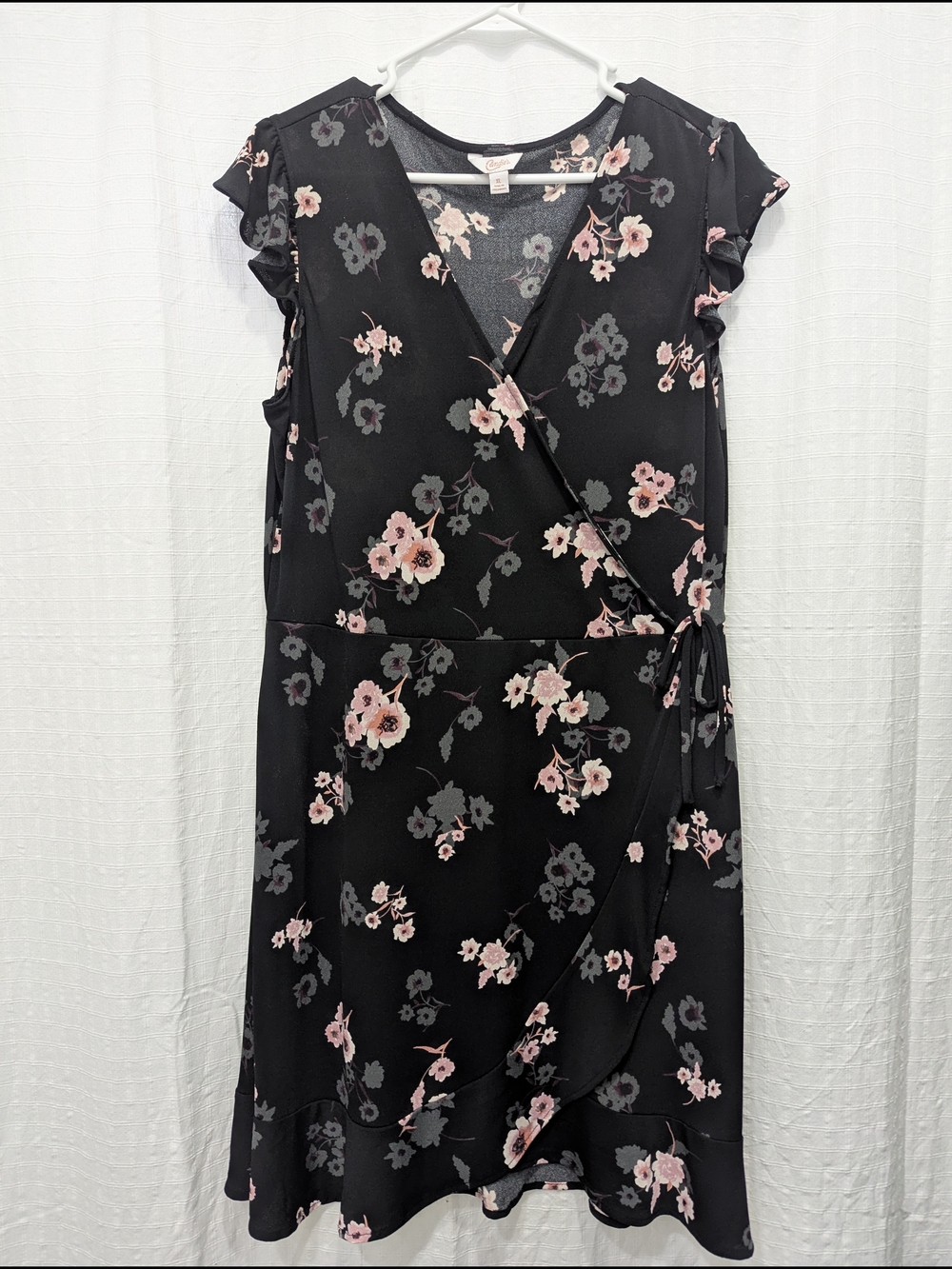 Candie's Black Wrap Midi Dress with Pink Floral Print